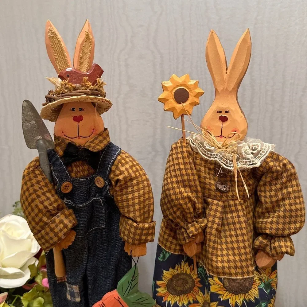 Vintage Wooden Easter Bunny Country Couple Farmers Primitive Country Folk Art